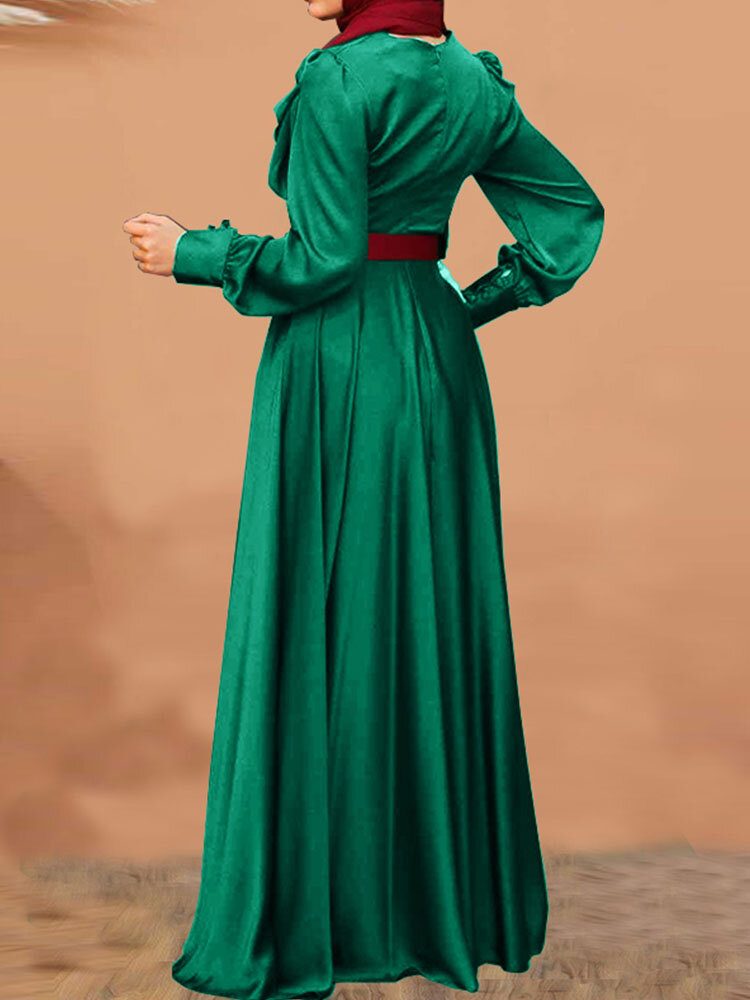 Puff Sleeve Button Plisse Rund Hals Solid Maxi Dress