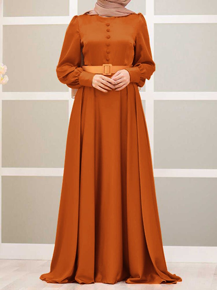 Puff Sleeve Button Plisse Rund Hals Solid Maxi Dress