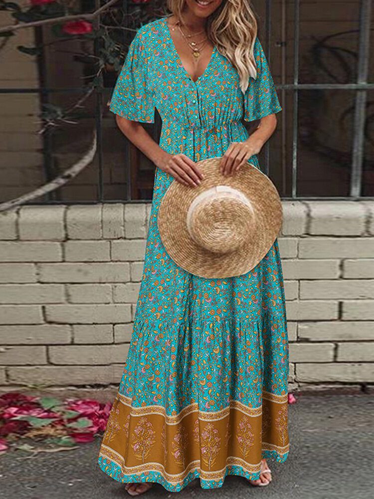 Retro Blomstertrykk V-hals Kortermet Elastisk Midje Bohemian Holiday Maxi Dress