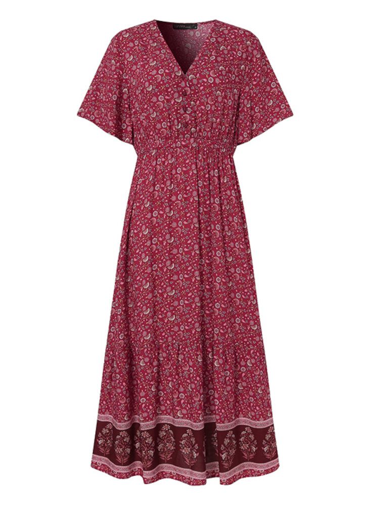 Retro Blomstertrykk V-hals Kortermet Elastisk Midje Bohemian Holiday Maxi Dress