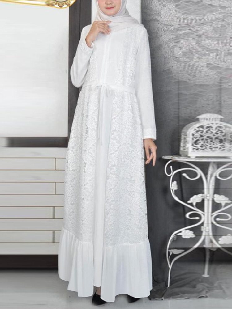 Retro Ensfarget Søm Volanger Hem Lace Up Langermet Muslim Kaftan Maxi Dress