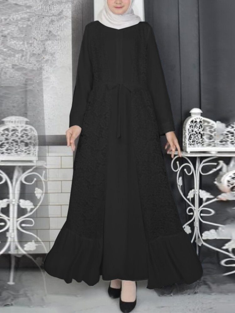 Retro Ensfarget Søm Volanger Hem Lace Up Langermet Muslim Kaftan Maxi Dress