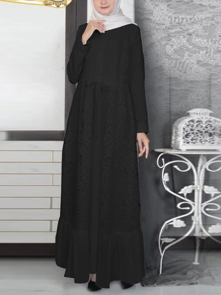 Retro Ensfarget Søm Volanger Hem Lace Up Langermet Muslim Kaftan Maxi Dress