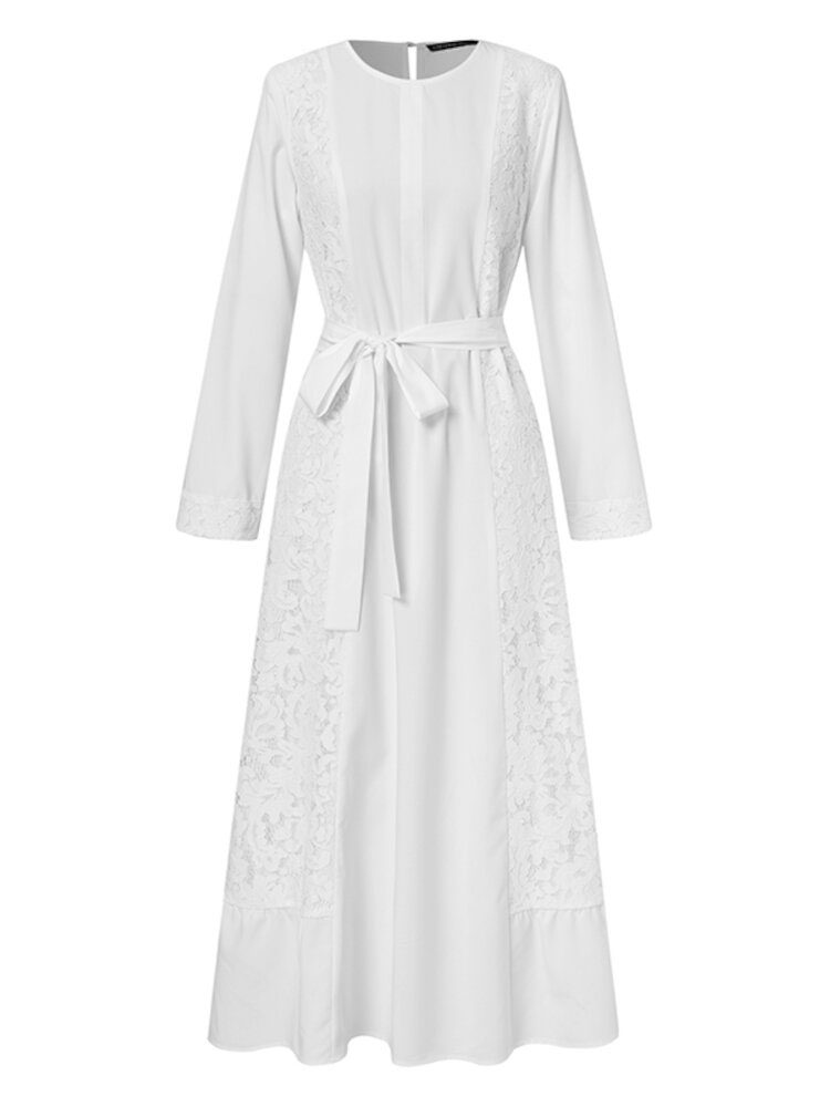 Retro Ensfarget Søm Volanger Hem Lace Up Langermet Muslim Kaftan Maxi Dress