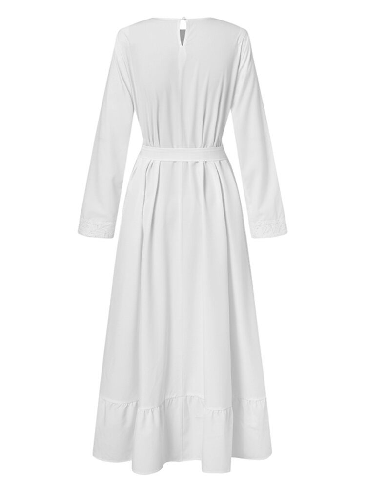 Retro Ensfarget Søm Volanger Hem Lace Up Langermet Muslim Kaftan Maxi Dress