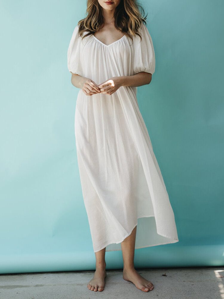 Solid Puff Sleeve Plissert Daglig Casual Chiffon Maxi Dress