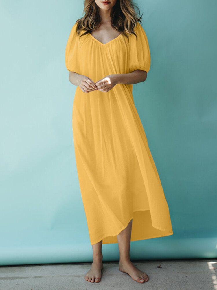 Solid Puff Sleeve Plissert Daglig Casual Chiffon Maxi Dress