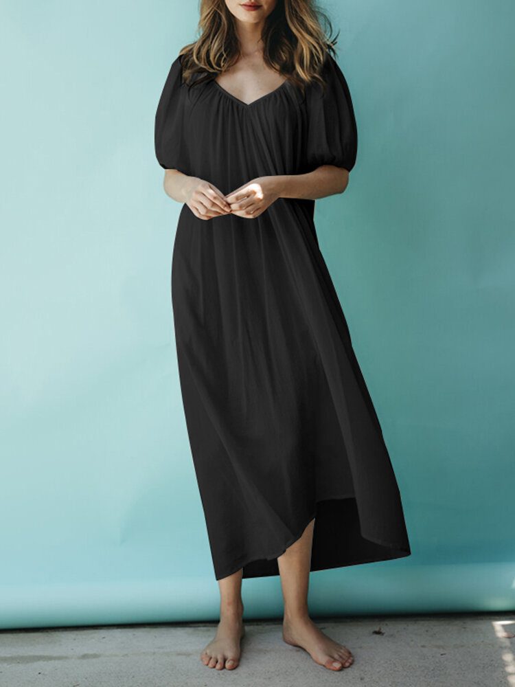 Solid Puff Sleeve Plissert Daglig Casual Chiffon Maxi Dress