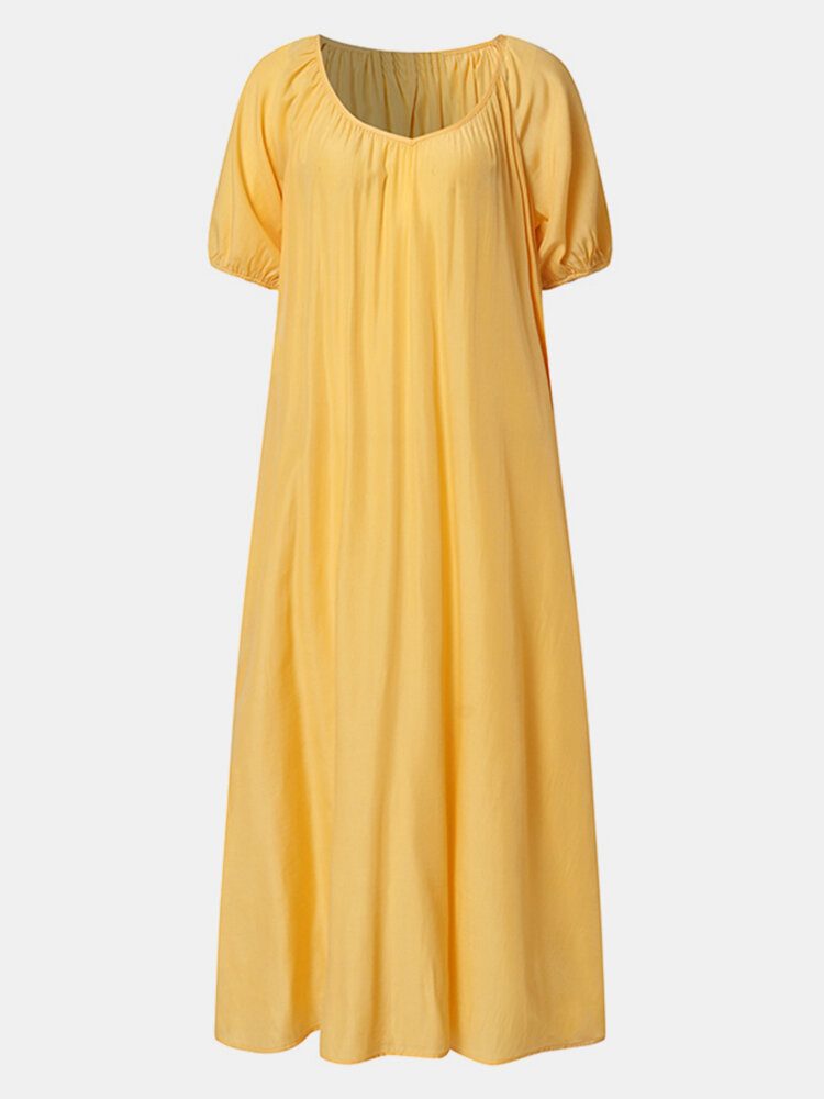 Solid Puff Sleeve Plissert Daglig Casual Chiffon Maxi Dress