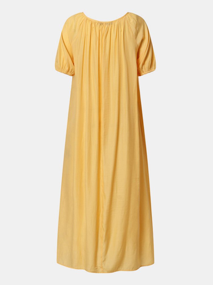 Solid Puff Sleeve Plissert Daglig Casual Chiffon Maxi Dress