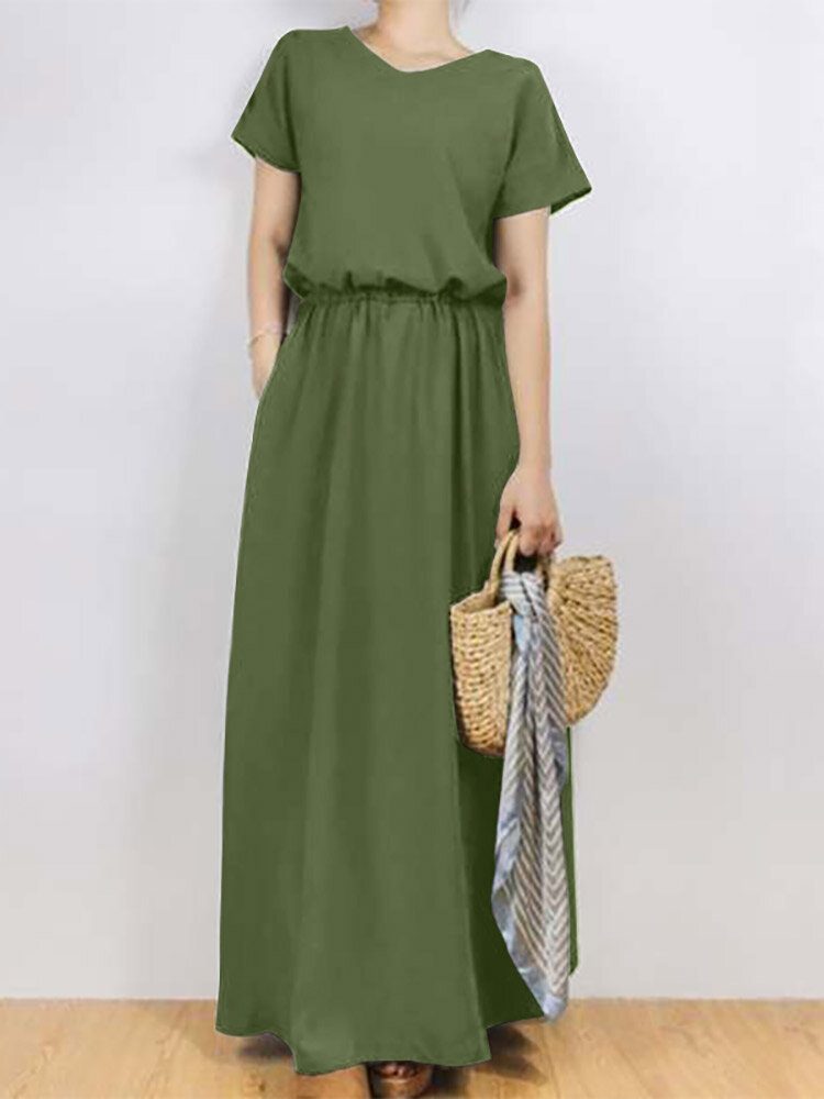 Solid Sash Elastisk Midje Kortermet Casual Maxi Dress