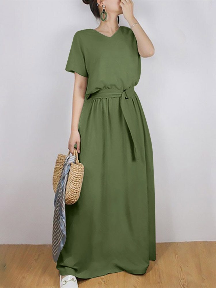 Solid Sash Elastisk Midje Kortermet Casual Maxi Dress