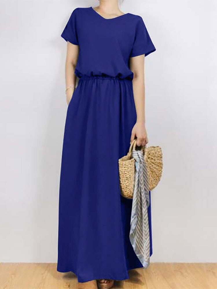 Solid Sash Elastisk Midje Kortermet Casual Maxi Dress