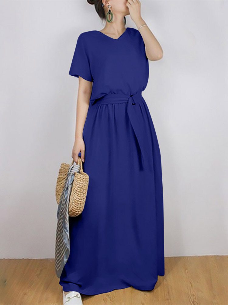 Solid Sash Elastisk Midje Kortermet Casual Maxi Dress