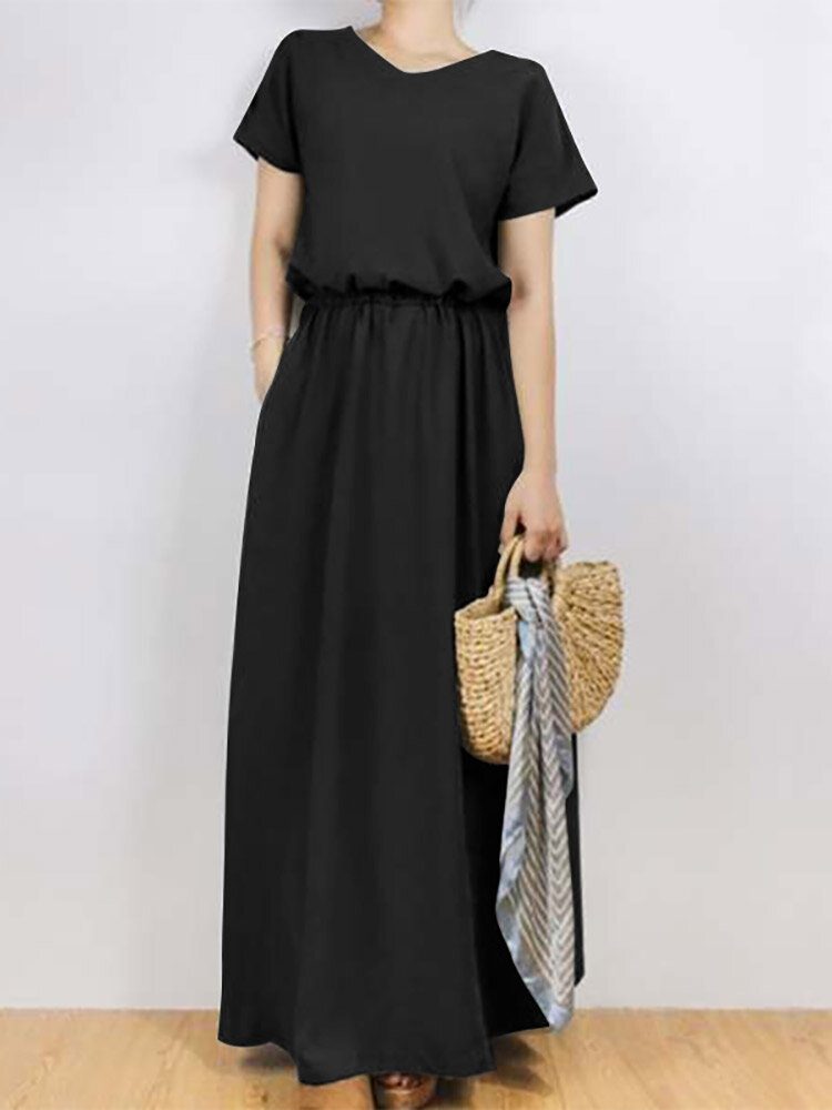 Solid Sash Elastisk Midje Kortermet Casual Maxi Dress