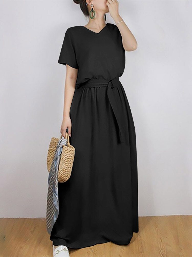 Solid Sash Elastisk Midje Kortermet Casual Maxi Dress