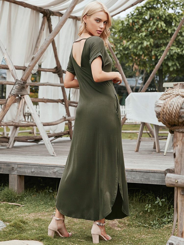 Solid Slit Hem Kortermet V-hals Maxi Kjole