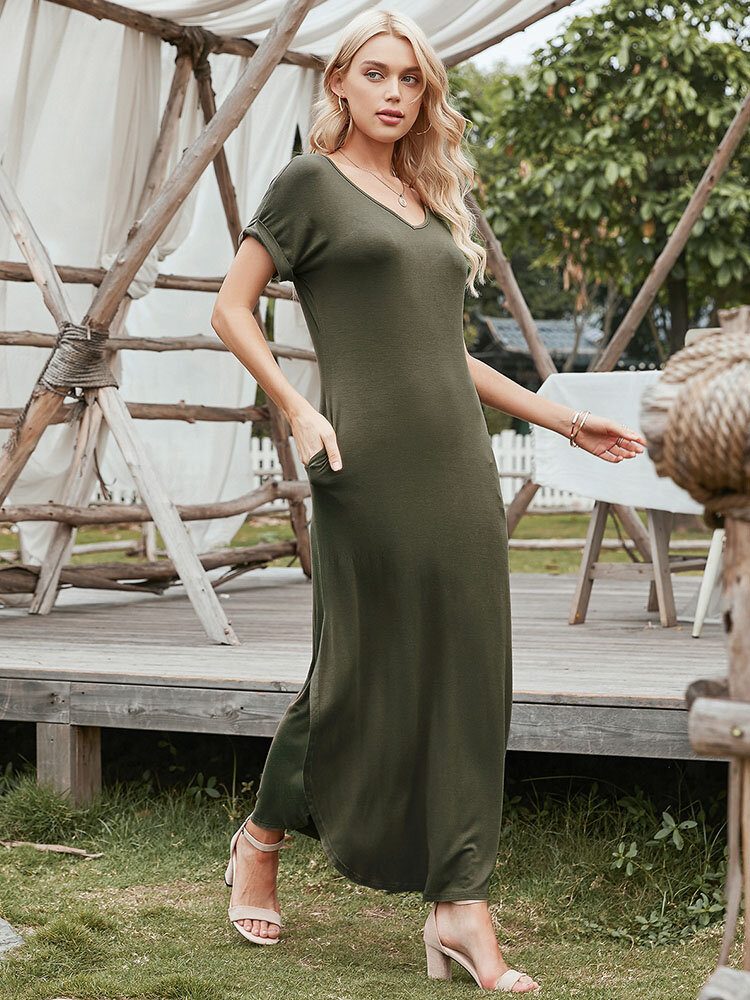 Solid Slit Hem Kortermet V-hals Maxi Kjole