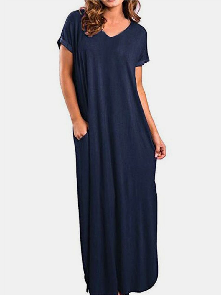 Solid Slit Hem Kortermet V-hals Maxi Kjole