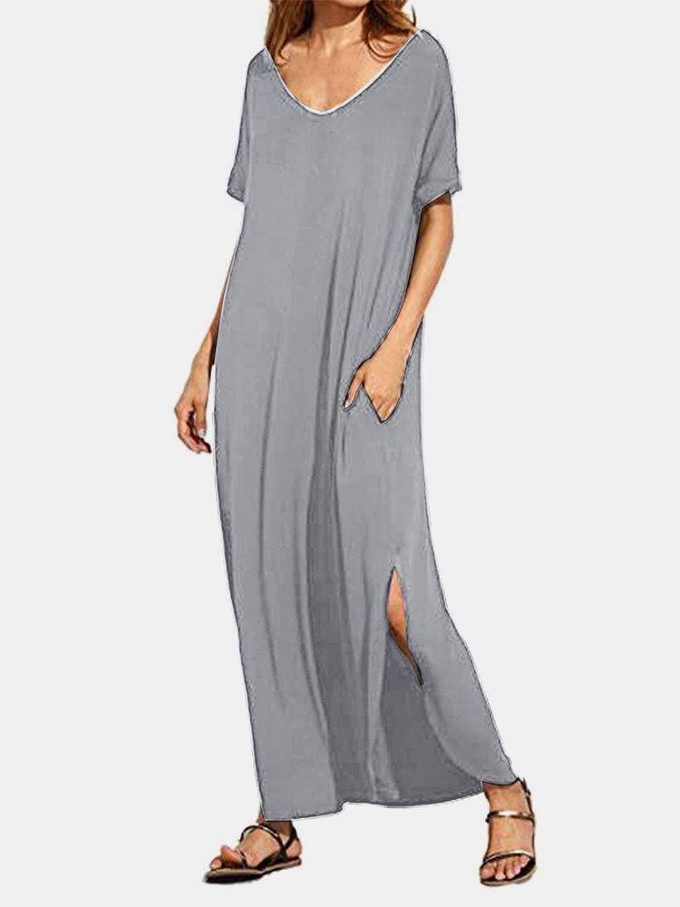 Solid Slit Hem Kortermet V-hals Maxi Kjole