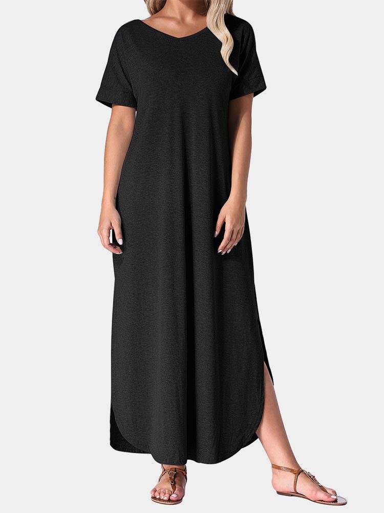 Solid Slit Hem Kortermet V-hals Maxi Kjole