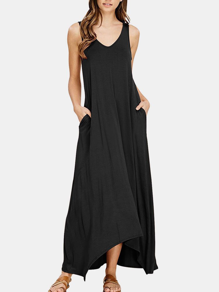 V-hals Ermeløs Solid Pocket Summer Brief Maxi Dress