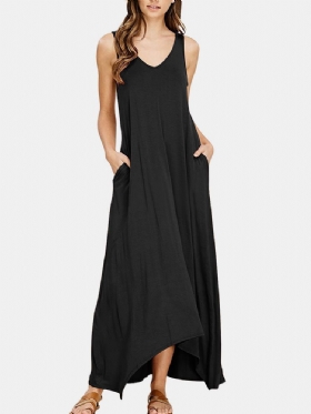 V-hals Ermeløs Solid Pocket Summer Brief Maxi Dress