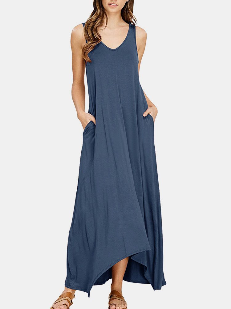 V-hals Ermeløs Solid Pocket Summer Brief Maxi Dress