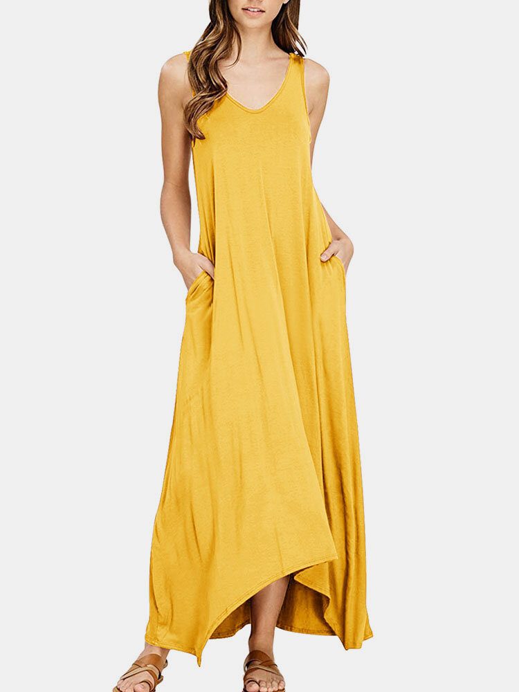 V-hals Ermeløs Solid Pocket Summer Brief Maxi Dress