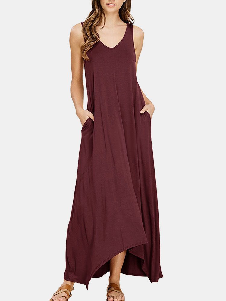 V-hals Ermeløs Solid Pocket Summer Brief Maxi Dress