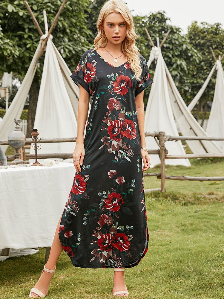 V-hals Kortermet Pocket Flower Split Maxi Dress