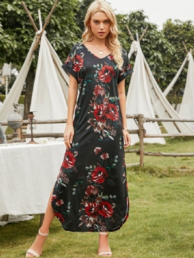 V-hals Kortermet Pocket Flower Split Maxi Dress