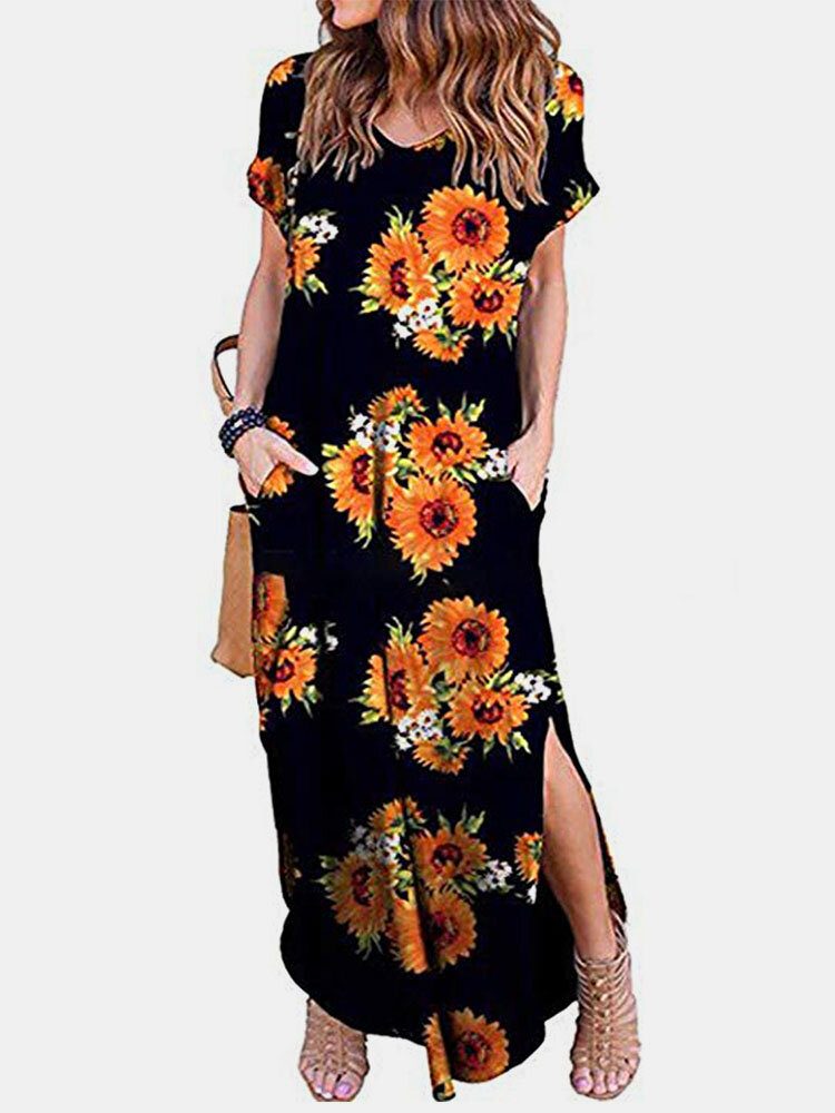 V-hals Kortermet Pocket Flower Split Maxi Dress