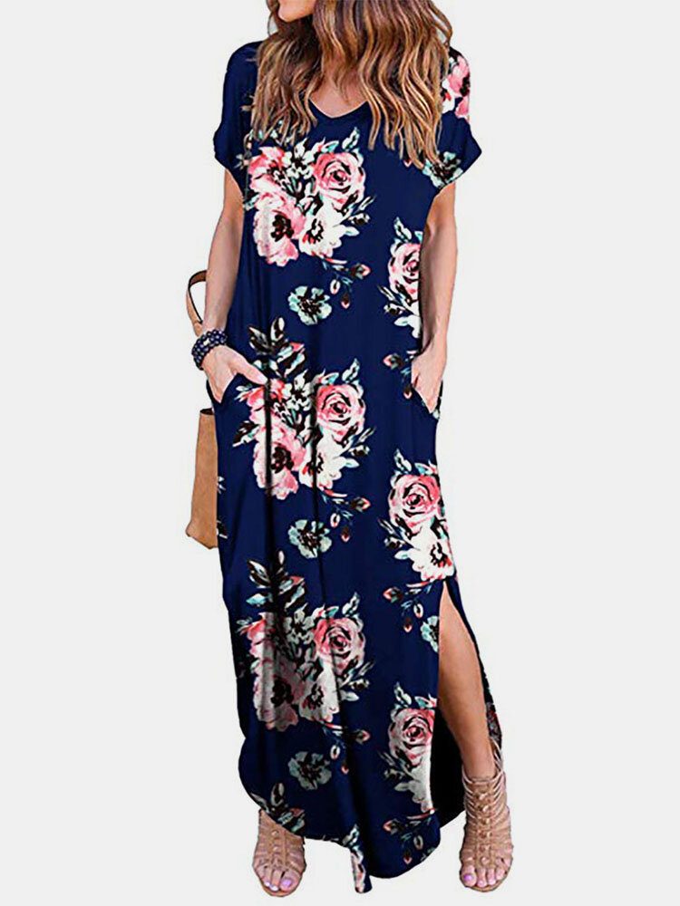 V-hals Kortermet Pocket Flower Split Maxi Dress