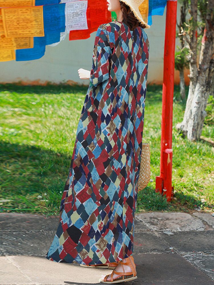 Vintage Geometri Print O-hals Half Erme Bohemia Maxi Dress