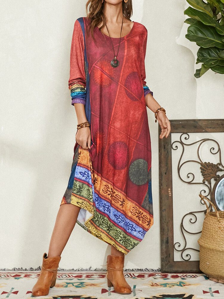 Vintage Print Asymmetrisk Hem Langermet Casual Dress For Women