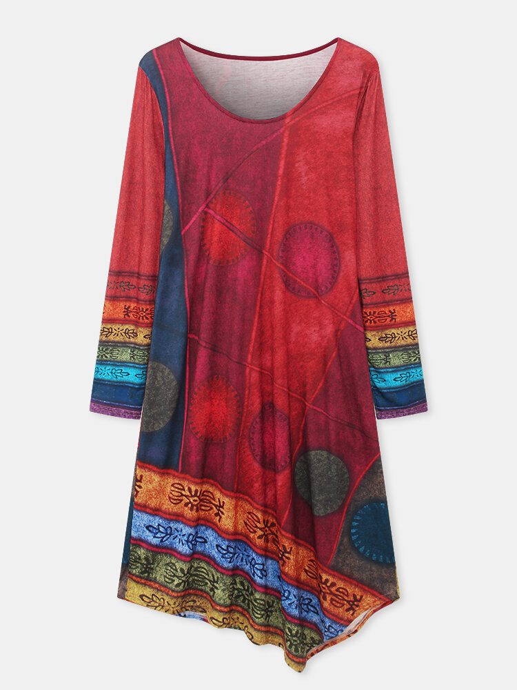 Vintage Print Asymmetrisk Hem Langermet Casual Dress For Women