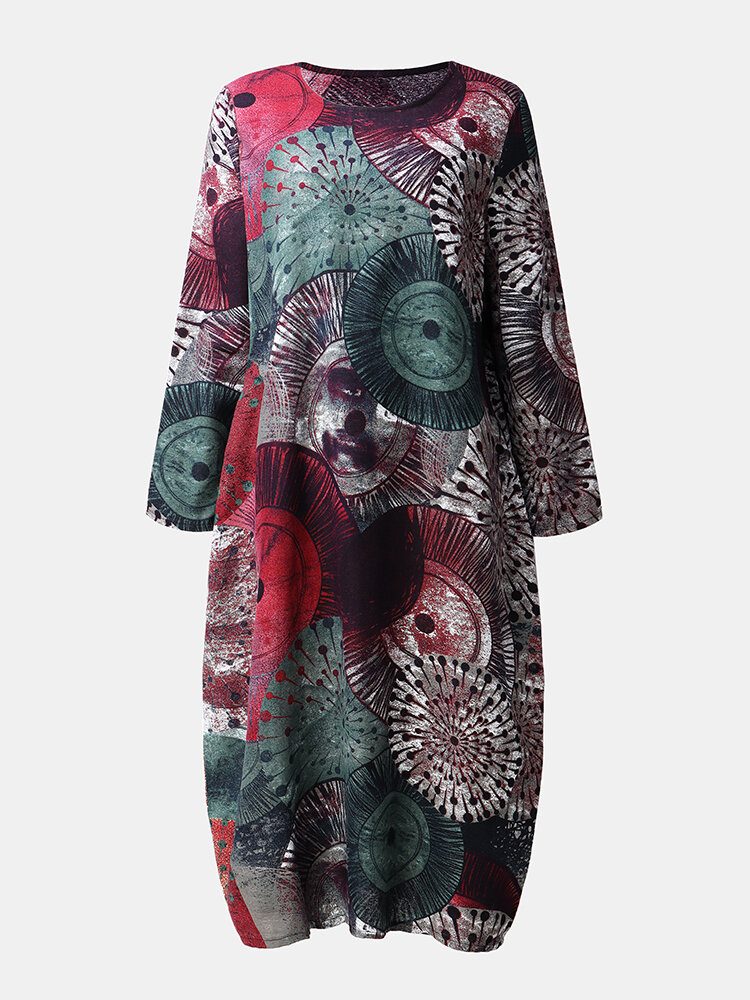 Vintage Print O-hals Langermet Casual Dress Med Lommer