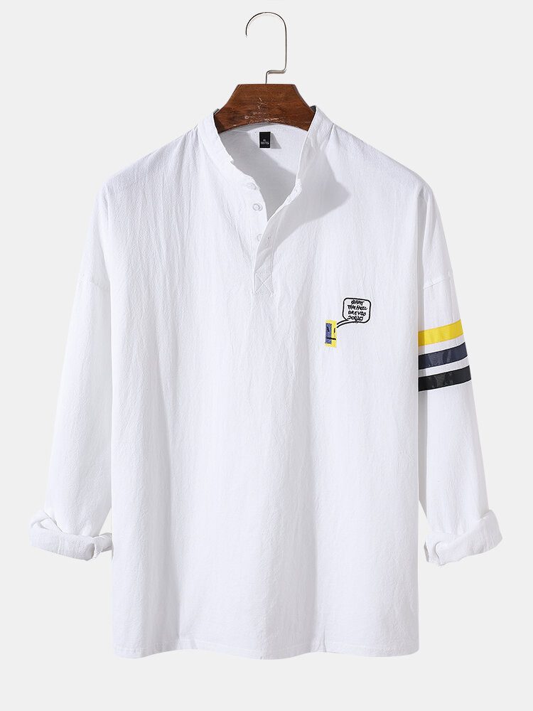 Fnuuy Mønster For Menn Slogant Broderi Side Stripe Preppy Henley Skjorte