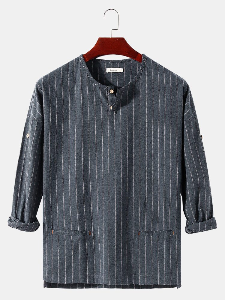 Herre Stripe Halv Åpen Krage Dobbel Lomme Uformelle Henley-skjorter