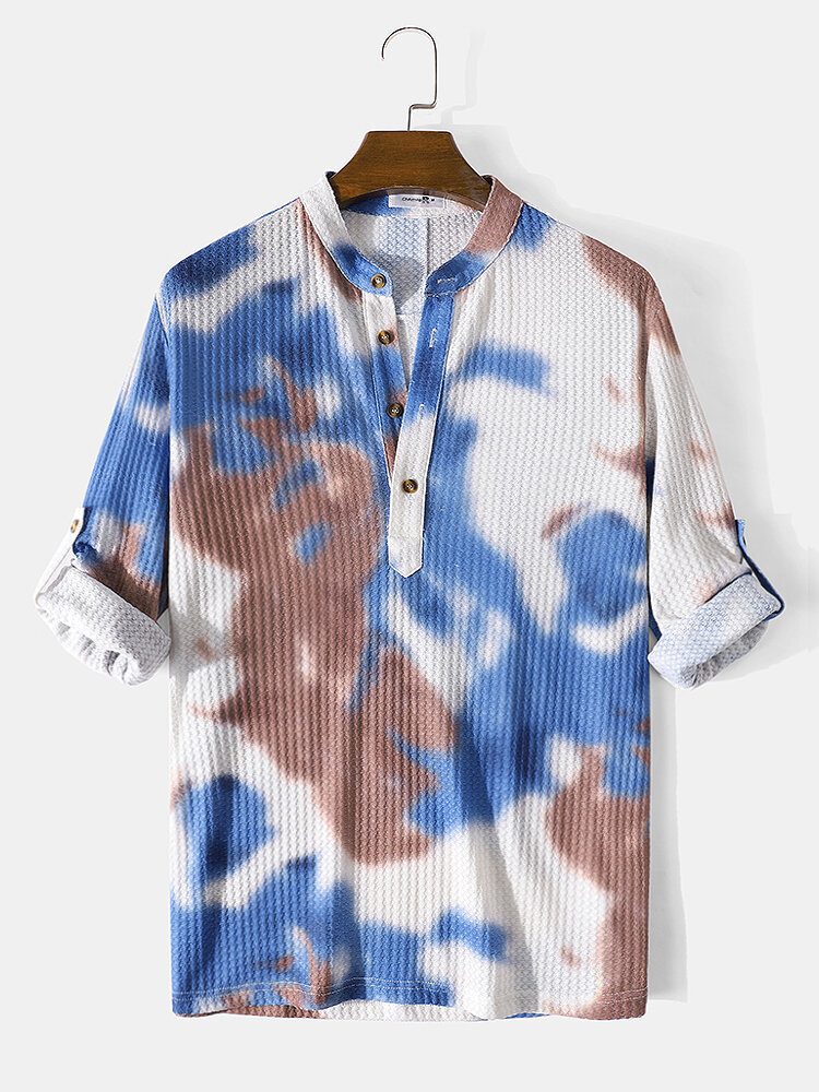 Tie-dye Vaffel Designer Langermet Casual Henley Skjorte For Menn