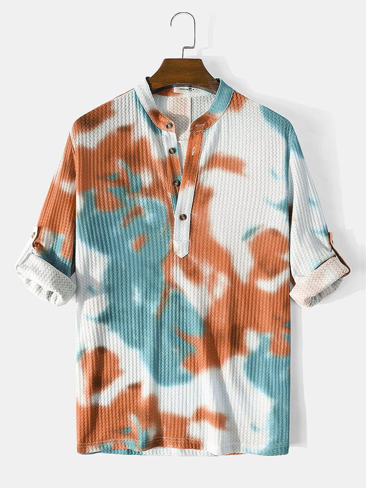 Tie-dye Vaffel Designer Langermet Casual Henley Skjorte For Menn