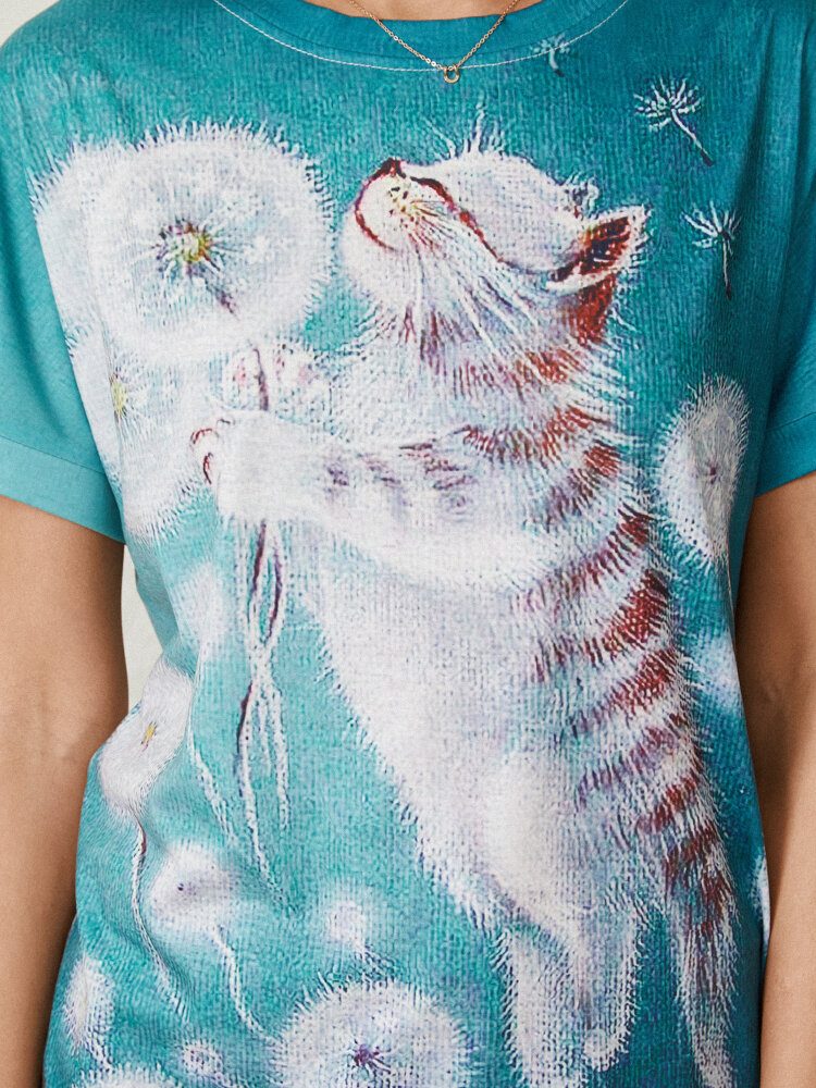 Cartoon Flower Cat Print Kortermet O-hals Casual T-skjorte