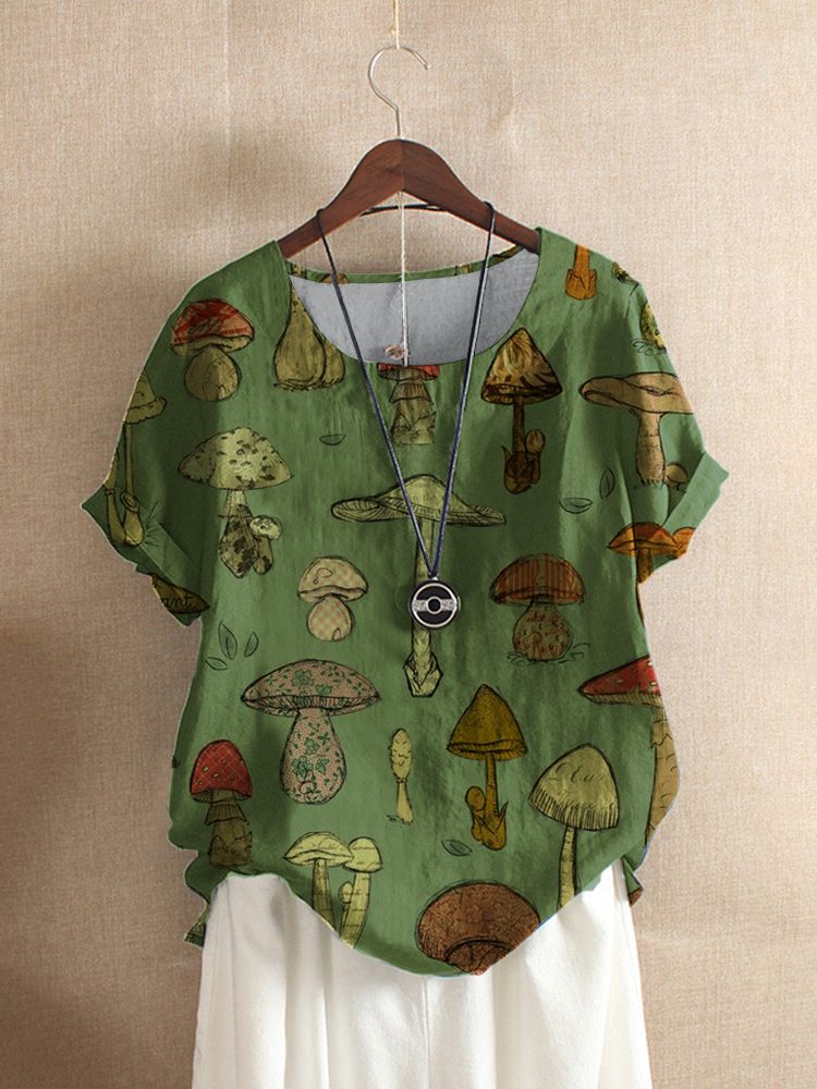 Cartoon Mushroom Kortermet O-hals Button Casual T-skjorte For Kvinner