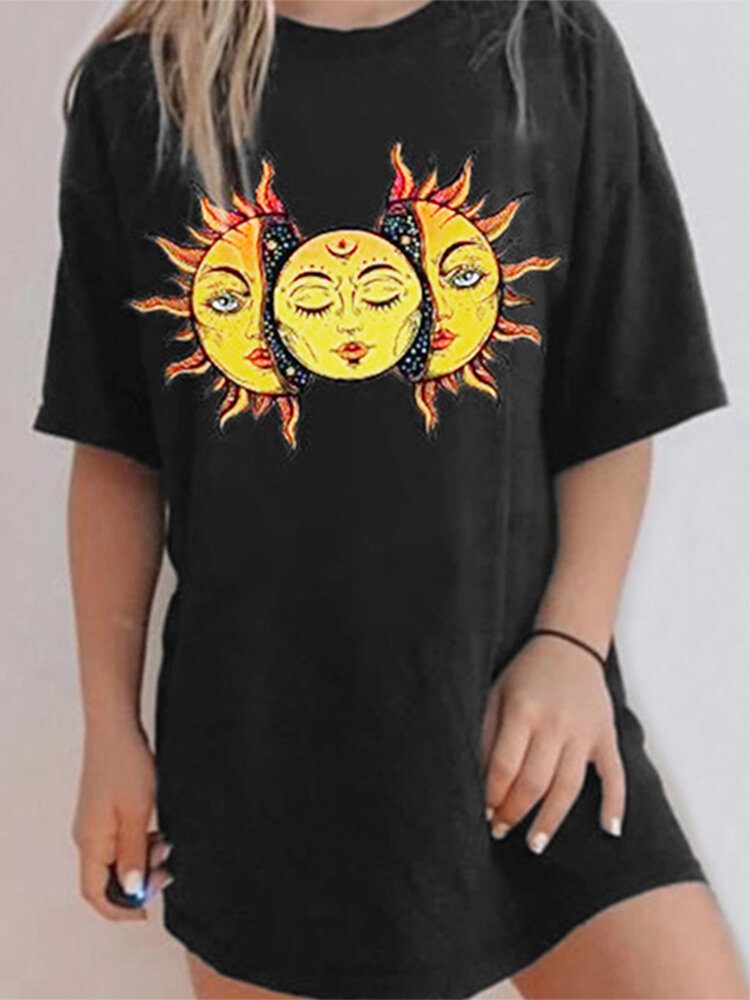 Cartoon Sun Print Rund Hals Kortermet Casual Løs T-skjorte