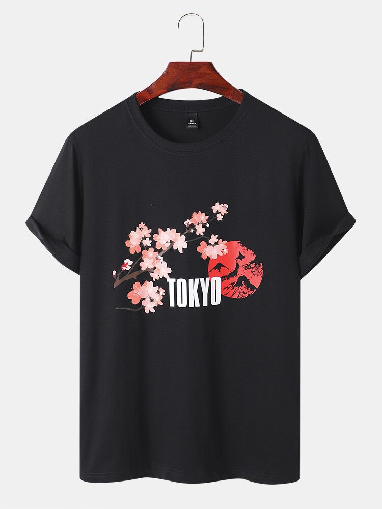 Cherry Blossoms Mountain Print Bomulls T-skjorter Med Korte Ermer For Menn