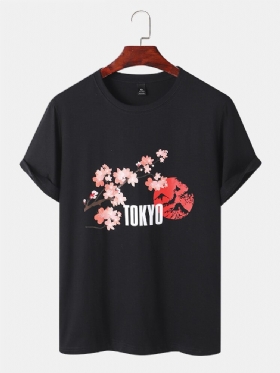 Cherry Blossoms Mountain Print Bomulls T-skjorter Med Korte Ermer For Menn