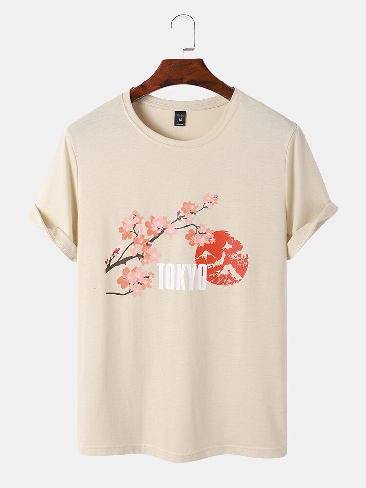 Cherry Blossoms Mountain Print Bomulls T-skjorter Med Korte Ermer For Menn