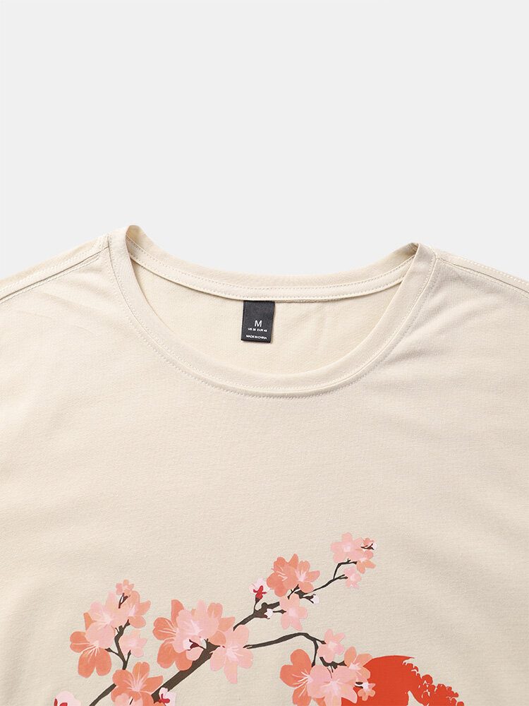 Cherry Blossoms Mountain Print Bomulls T-skjorter Med Korte Ermer For Menn