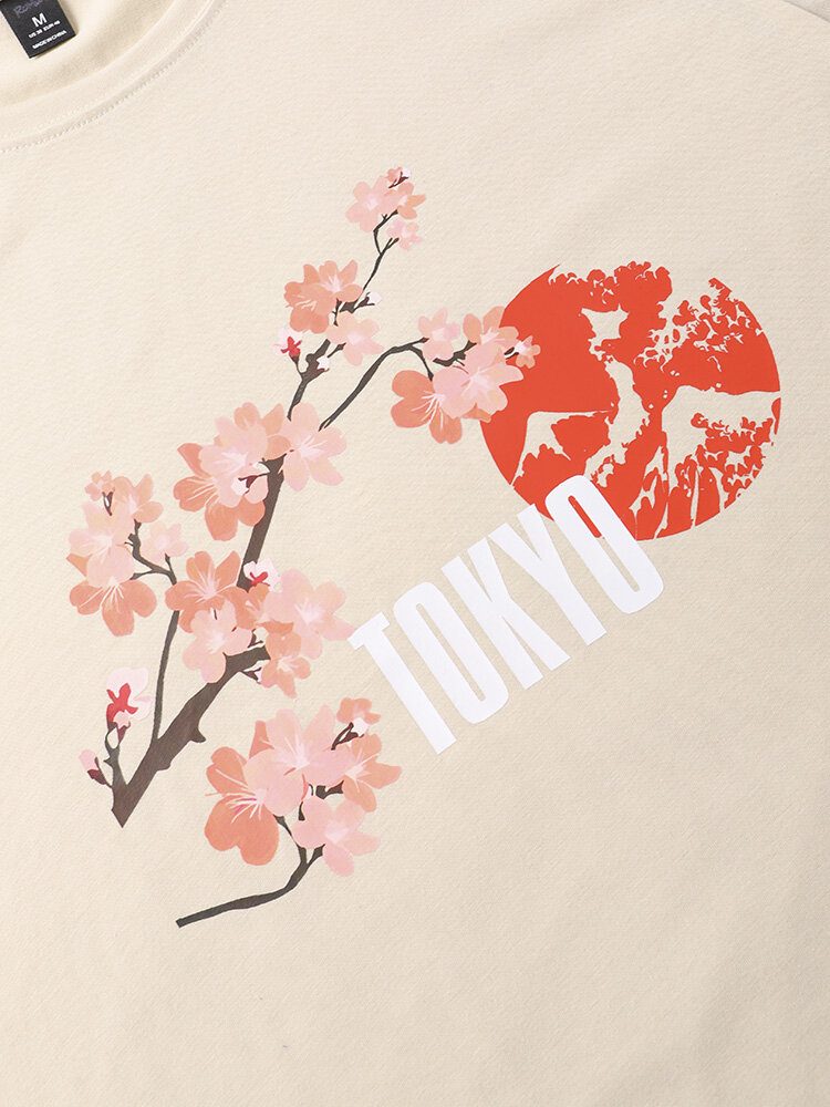 Cherry Blossoms Mountain Print Bomulls T-skjorter Med Korte Ermer For Menn